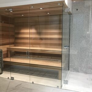 Glass Sauna Door with a Shower Enclosure
