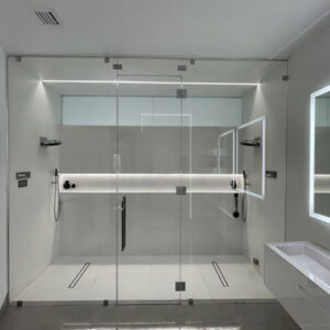 Steam-Shower-Inline-Two-Fixed-Panels-swing-door-and-Transom-Chrome-Hardware